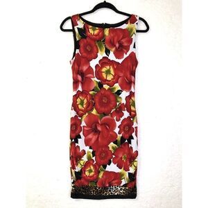Cache Womens Sleeveless Red Floral Leopard Trim lined Sheath Dress Size 4